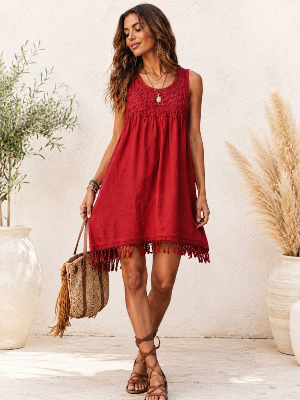 Hayden Los Angeles Red Lace Sleeveless Boho Tunic Cotton Dress Sz Lg